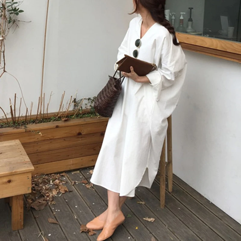 Женское длинное Хлопковое платье повседневное винтажное свободное макси с V