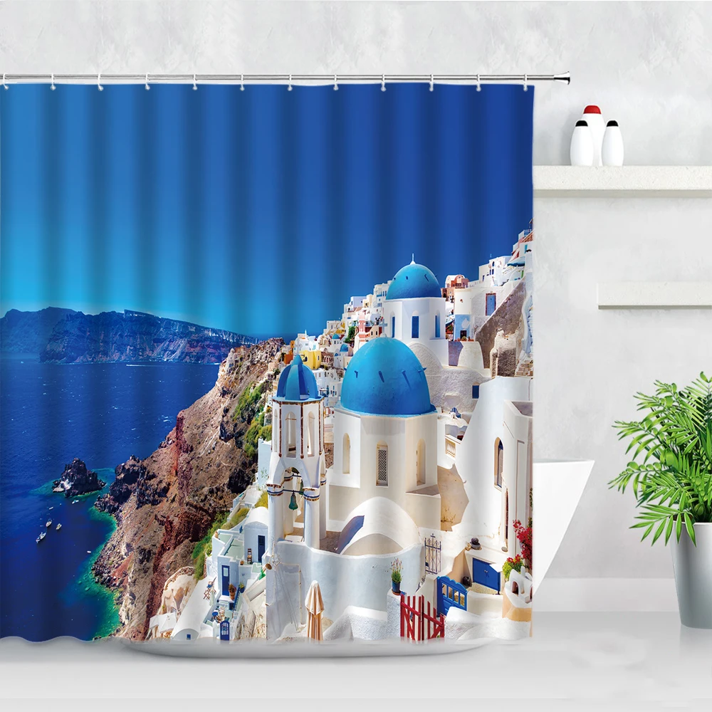 Cortinas de ducha de baño de tela colgante, decoración de pared de paisaje nórdico de Grecia, Océano, Azul, Blanco, gancho de patrón de construcción, cortina de partición
