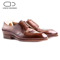uncle saviano derby fashion brogue style original solid handmade dress men shoes best designer lace up genuine leather man shoes