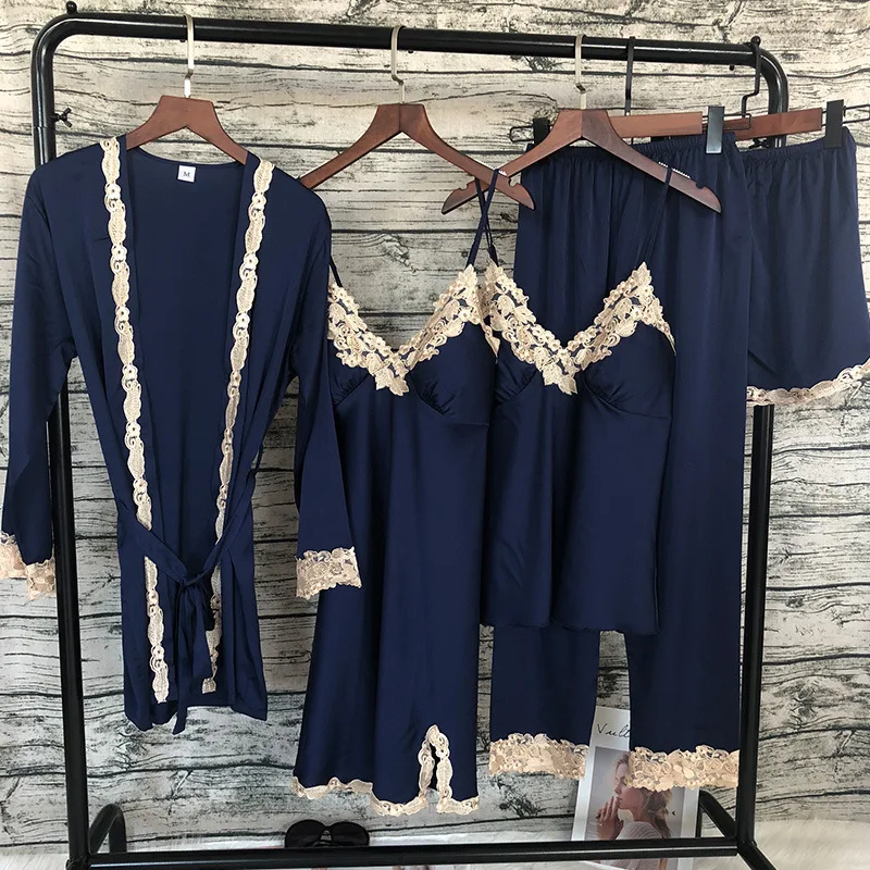 

4PCS Kimono Robe Gown Women Lace 3PCS Pajamas Sets 3 Pack Veste Polaire Suit Nightwear Bathrobe Summer Sleepwear Loose Pyjamas