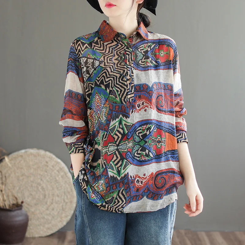 Рубашка женская в этническом стиле из хлопка и льна с винтажным принтом тонкая