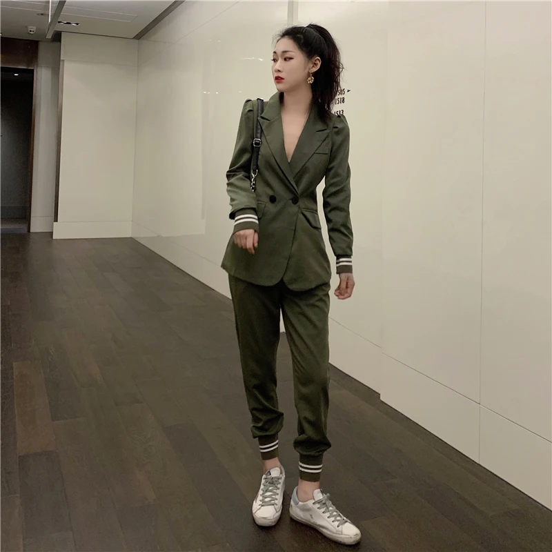 Модные брючные костюмы для женщин осень зима новый стиль армейский зеленый