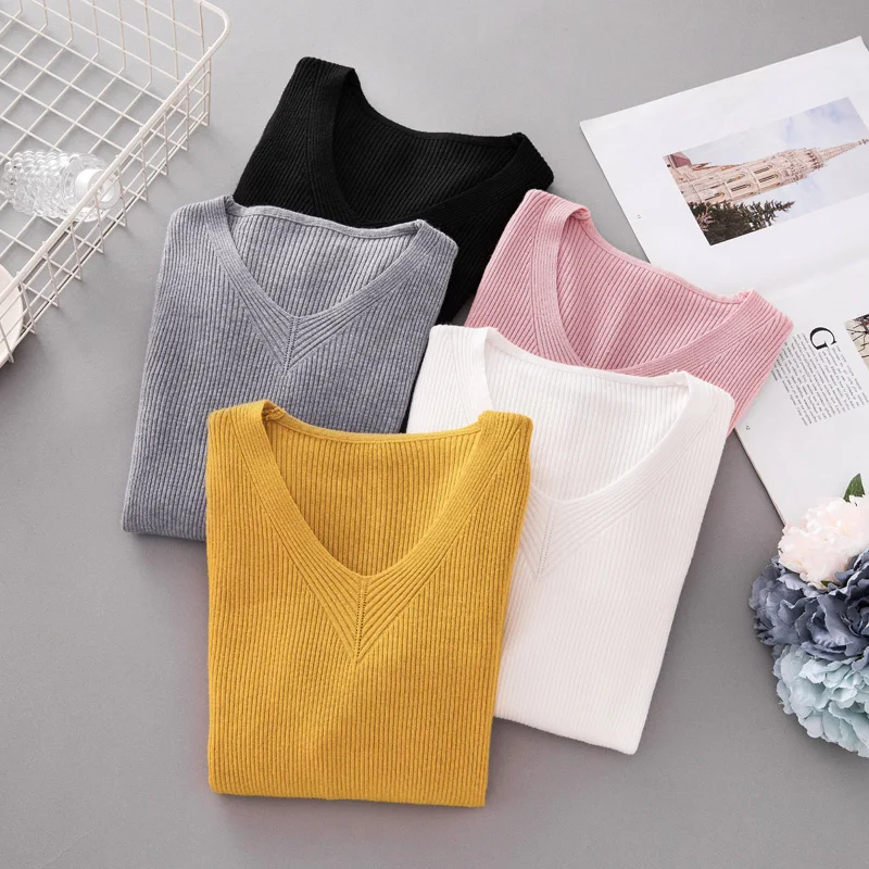 Осенний пуловер женский свитер с v-образным вырезом вязаный джемпер женские