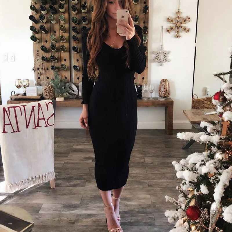 

Sexy Winter v Neck Jersey Sweater Dress Autumn Knitted Bodycon Maxi Sweaters 2020 Women Elegant Slim Fashion Long Sweater Dresse