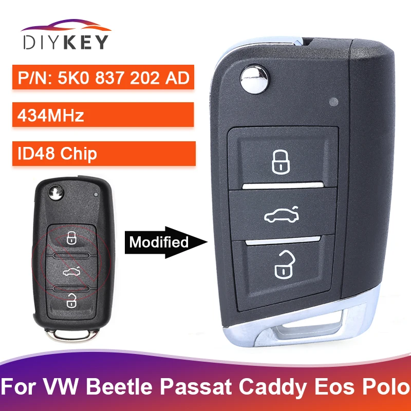 DIYKEY 5K0837202AD 434 МГц ID48 чип для VW Volkswagen GOLF PASSAT Tiguan Polo Jetta Beetle Skoda Seat дистанционный