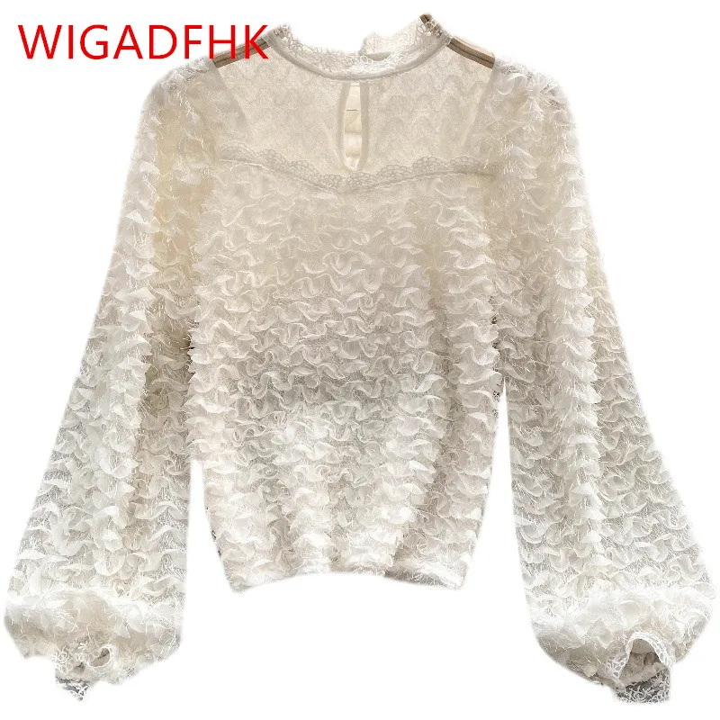 

Модная и элегантная кружевная рубашка с воротником-стойкой и длинными рукавами, Женская универсальная нижняя рубашка в западном стиле