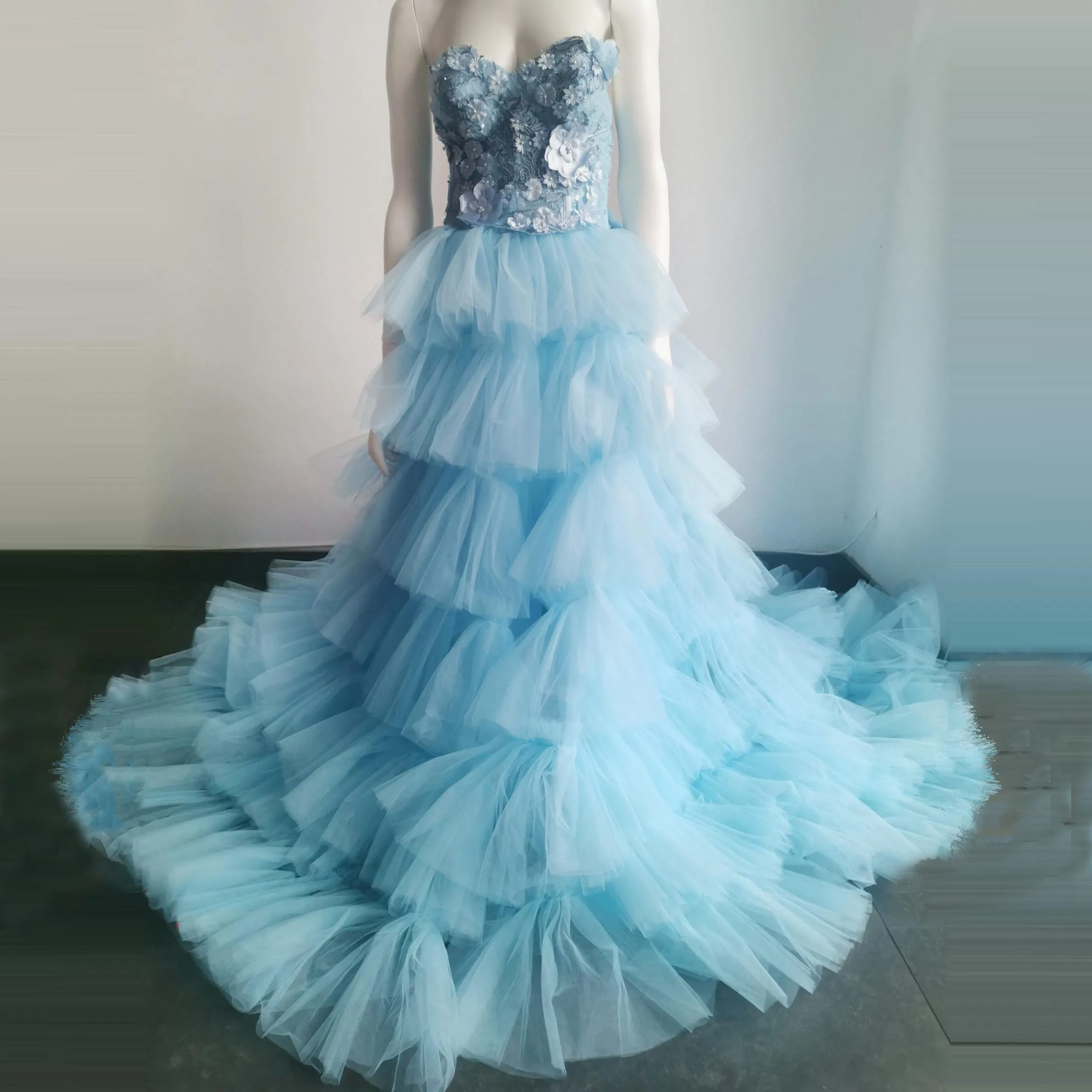 

Customized Light Blue Tulle Dress Lush Fluffy Ball Gown Dress With Train Appliques Dress 3D Flowers Evening Dress Women Party