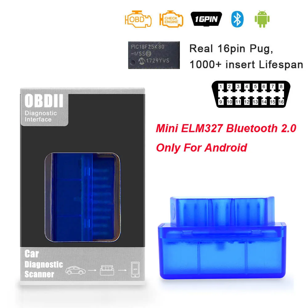 Blue 1pcb Carton Супер Мини ELM 327 V1.5 PIC18F25K80 obd2 сканер Bluetooth ELM327 V1.5 1,5 OBD 2 OBD2 автомобильный диагностический инструмент ODB2 считыватель кодов - Цвет: Blue 1pcb Carton