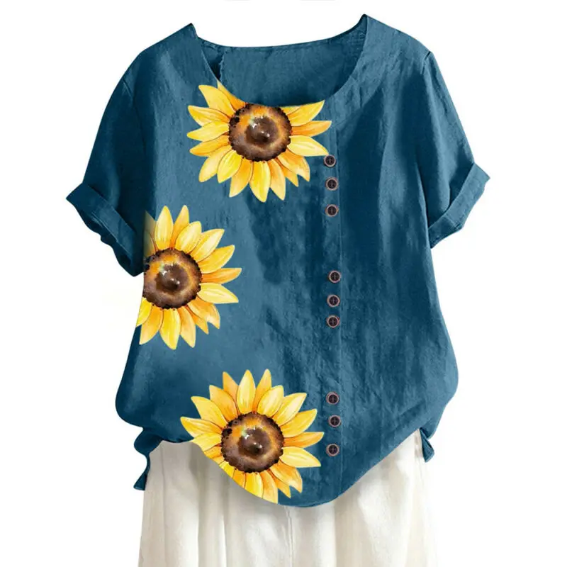 

Womens t Shirt Summer Casual Tees Short Sleeve Floral Printed Buttons T-Shirt Loose tShirt Women Clothing Female Top