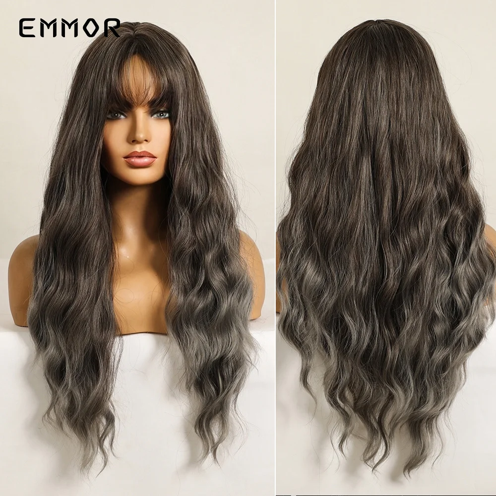 

Emmor Long Black Brown Gray Ombre Synthetic Wave Wigs for Women Natural Hair Wavy Wigs Heat Resistant Female Wig Cosplay Party