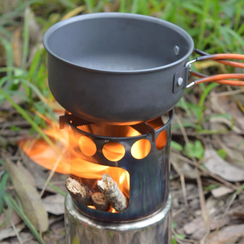 

Camping Stove Outdoor Cookware Mess Kit Outdoor Folding Wood Stove Camping Pot Set Bowls Spoon Fork Cutter Tableware Cooking Set