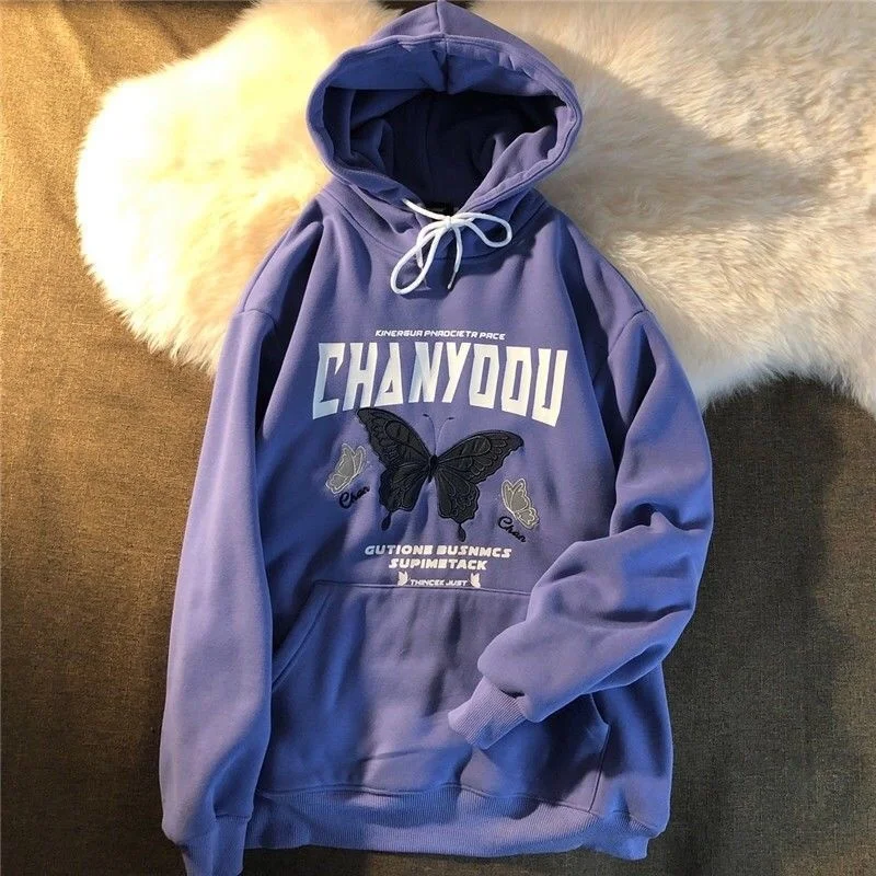 

2021 new Korean style loose style fresh long-sleeved plus velvet Hoodie Oversized Sweatshirt butterfly print sweatshirt female