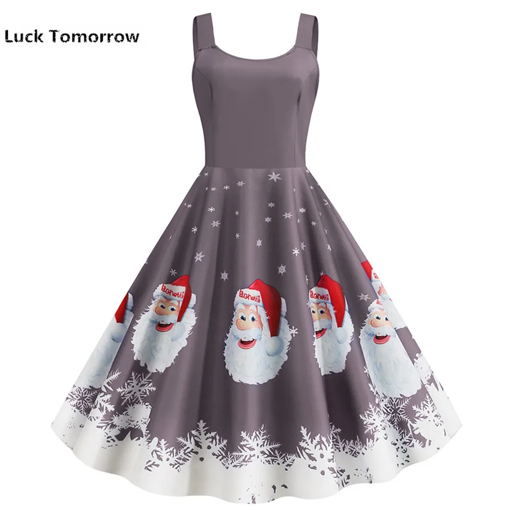Женское рождественское платье на бретельках винтажное с принтом Санта Снежинка