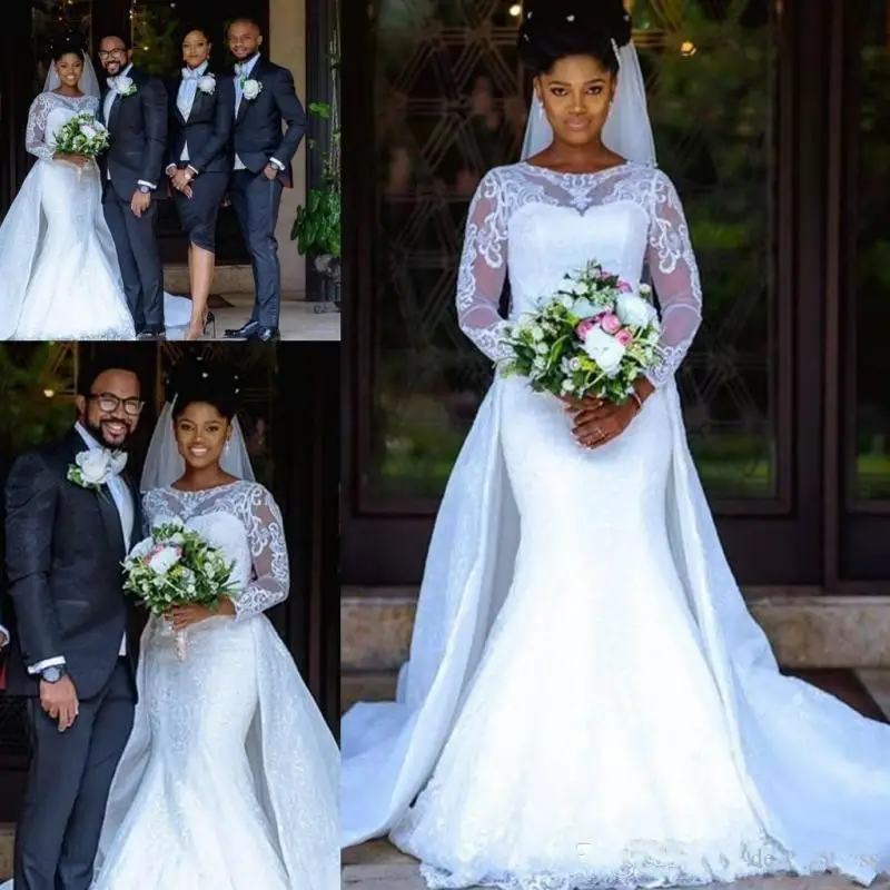 

2022 South African Mermaid Wedding Dresses With Sweep Train Lace Sheer Long Sleeves Bridal Gowns Custom Made Wedding Dress