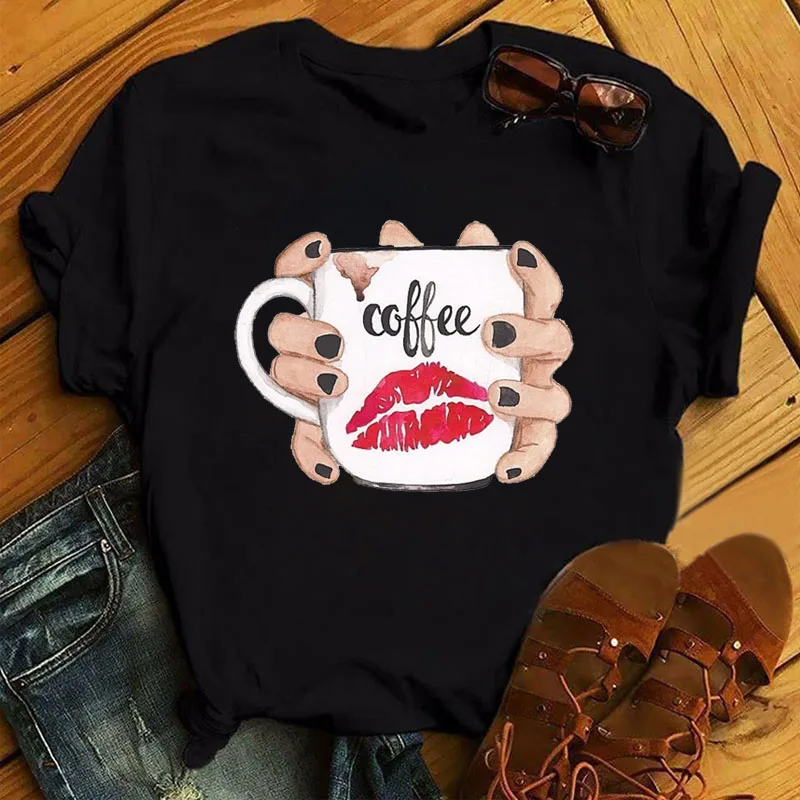 Coffee Red Lips Women's Casual Top Harajuku Women's Top New T-shirt Fashion Women's Top T-shirt