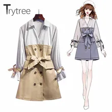 Trytree/осеннее женское Повседневное платье с отложным воротником, расклешенные рукава в полоску, двубортная поясная сумка, офисные женские платья