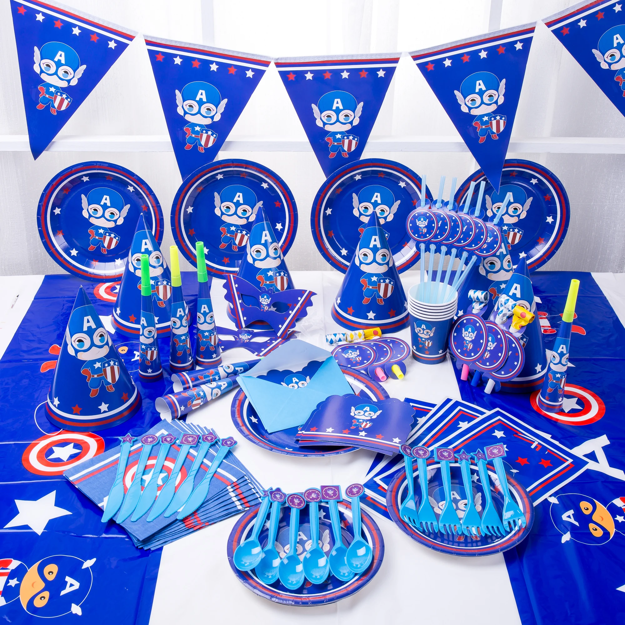 

Disney Avenger Captain America Birthday Party Decoration Kids Supplies Disposable Tableware Tablecloth Baby Shower