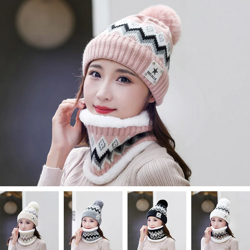 

Winter Knitted Beanies With Pom pom Hat Women Thick Windproof Neck Warmer Balaclava Cap Bonnet Skullies Female Hedging Caps Sets
