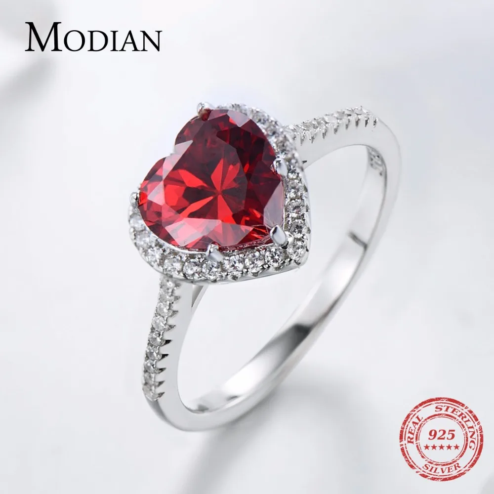 Modian 100% реальные 925 Стерлинговое серебро кольцо с сердцем красного цвета 5A CZ