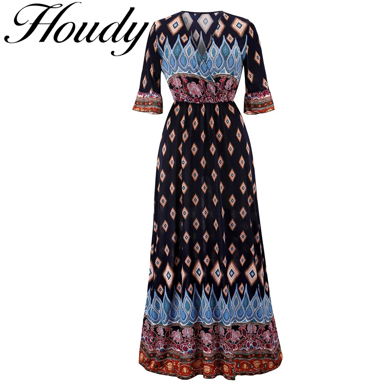 

Ethnic Style Bohemia Casual Midi Dress Sexy V Neck Vintage Floral Print Vacation Fashion Four Seasons Large Party Women Clothes