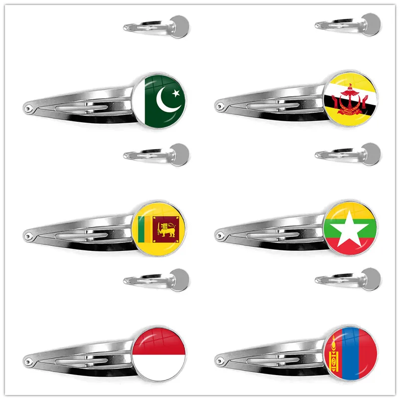 Пакистан, Бруней, Шри-Ланка, Мьянма, Индонезия, Монголия Национальные флаги заколки для волос с стекляным кабошоном булавка для волос ювелирные изделия для женщин и девочек.