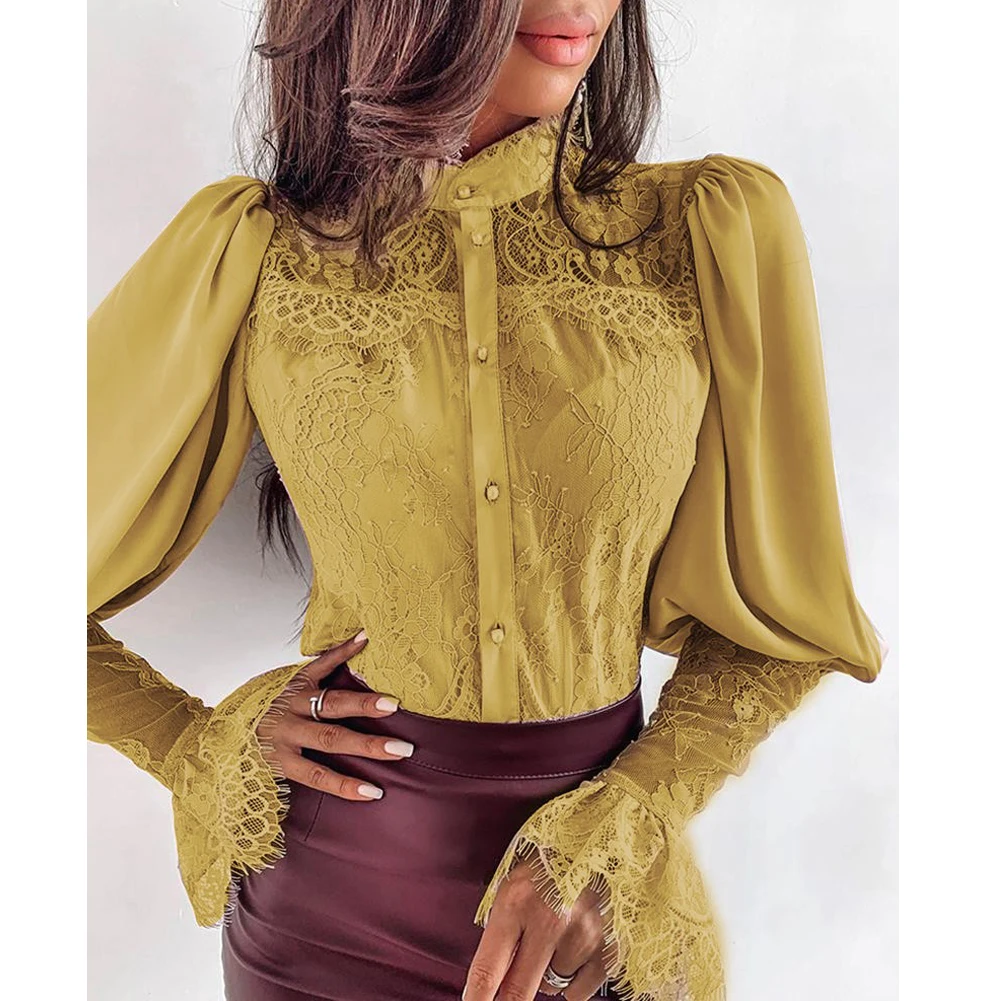 

Женская шифоновая блузка Hirigin, элегантная офисная кружевная блузка с длинными рукавами-фонариками, воротником-хомутом и пуговицами, одежда ...