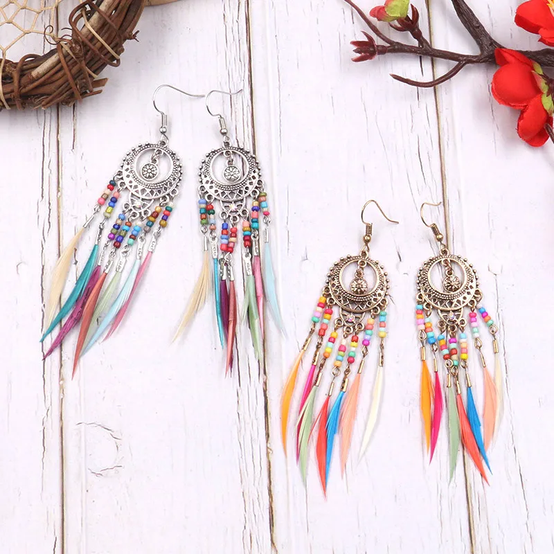 

Dream Catcher Tribal Aztec Hippy Earring Imitation Feather Tassel Earrings Fashion Bohemian Women Jewelry