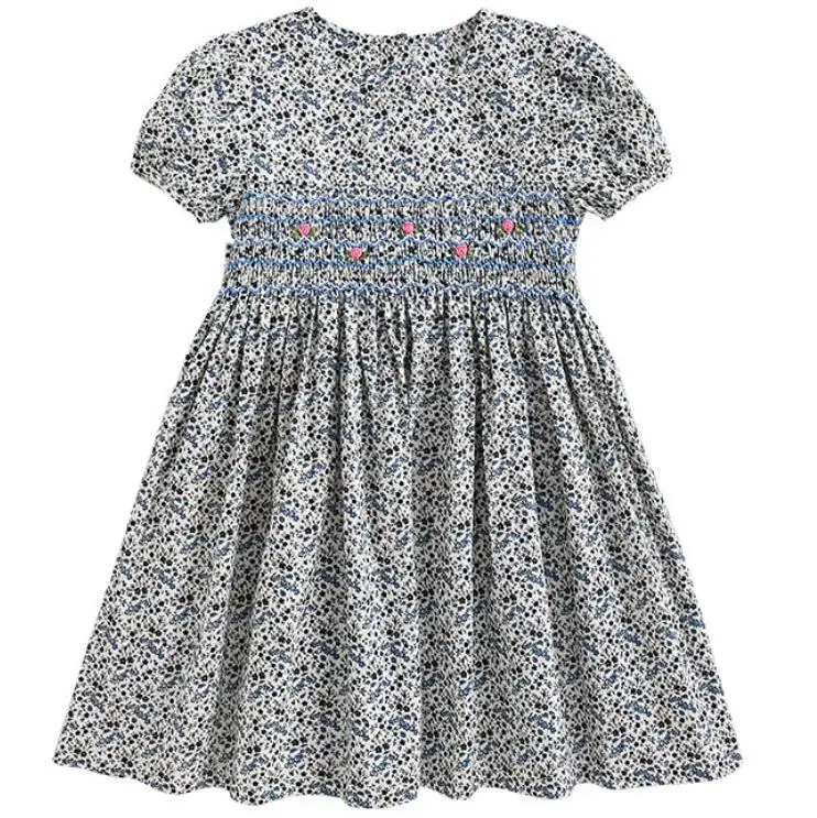 

Baby girl summer hand made smocking princess dress kids vintage floral printed birthday party dress