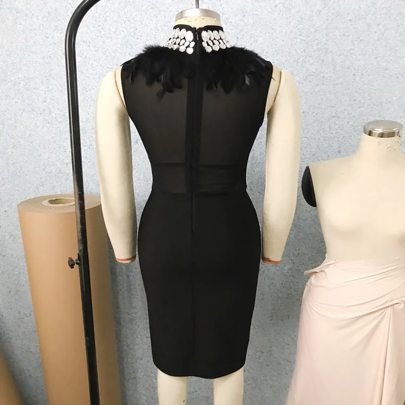 MEQEISS celepadade De Alta Qualidade Preto Sem Mangas бисер Pena Escavar сексуальное вискозное Бандажное платье Vestido de Noite Vestido de Festa