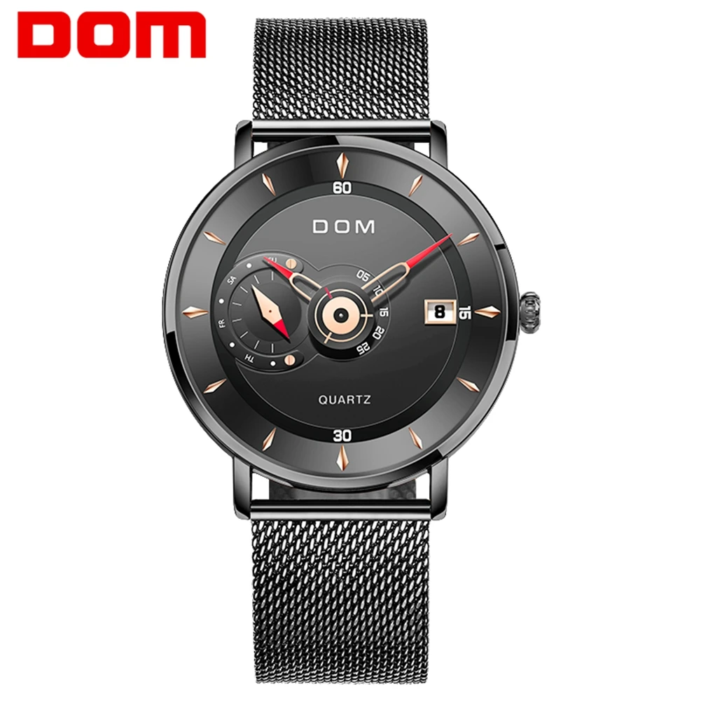 DOM Mens Watches Brand Stainless Steel Sports Watches Man Quartz Black Clock Waterproof Military Watch Gift For Men
