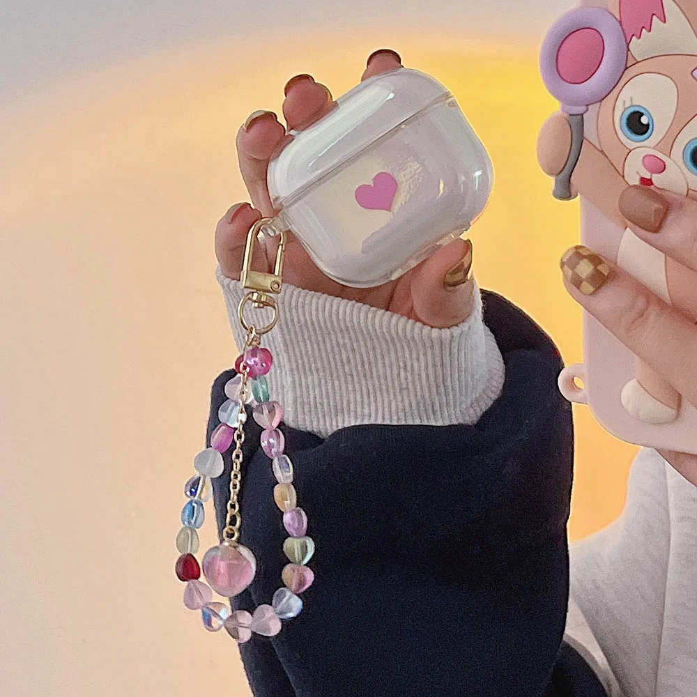 

Laser Aurora Heart Colorful Hearts Keychain Wireless Bluetooth Earphone Box Cases For Apple Airpods 3 Pro 1 2 Protection Cover
