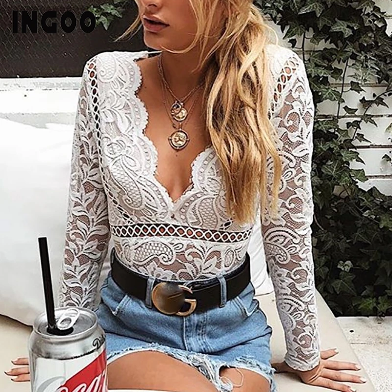 Женское Кружевное боди INGOO элегантное прозрачное с цветочным рисунком и v
