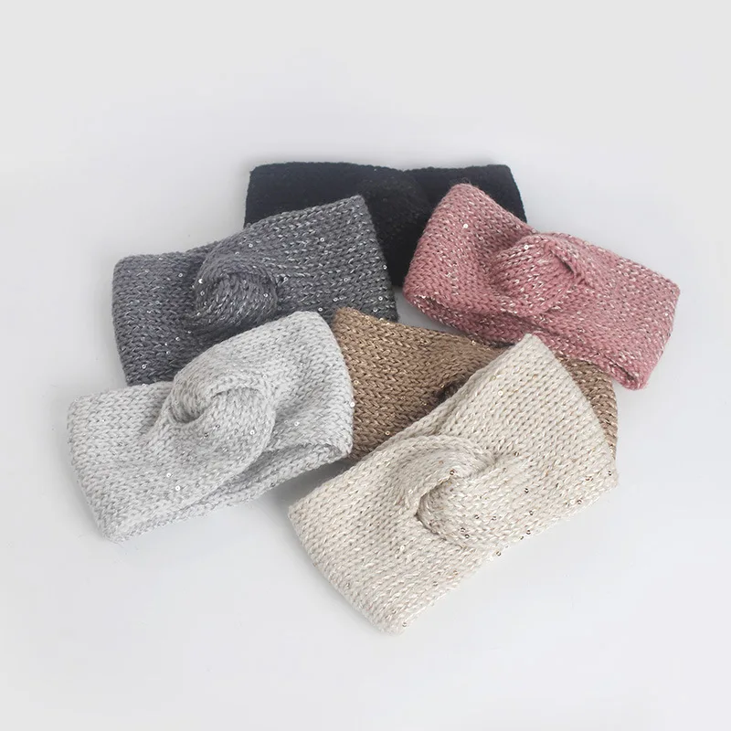 Бесплатная доставка теплые вязаные повязки на голову с блестками женские для