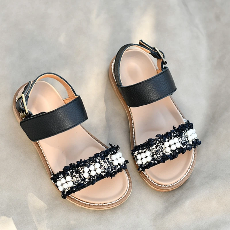 

14.5-22.5cm Brand Genuine Leather Woman Sandals Lace Pearls Fashion Princess Girls Party Dress Summer Shoes Teenage Beach Sandal