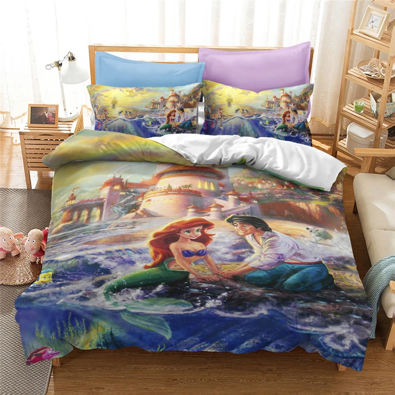 

Disney Mermaid Duvet Cover Set Pillowcase Cartoon Character Bed Linen Family Beauty and the Beast Princess King Size Bedding Set