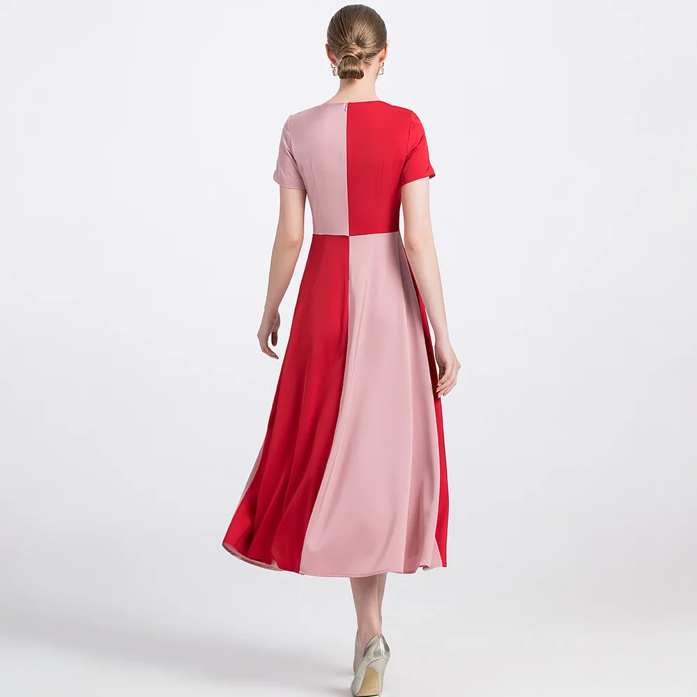 

Latest Designer Fashion Dress 2020 Summer Women Character Embroidery Color Block Patchwork Short Sleeve Mid-Calf Dress Female