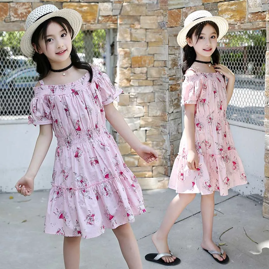 Платье летнее Плиссированное с мультяшным принтом для девочек на возраст 6 8 10 12 14