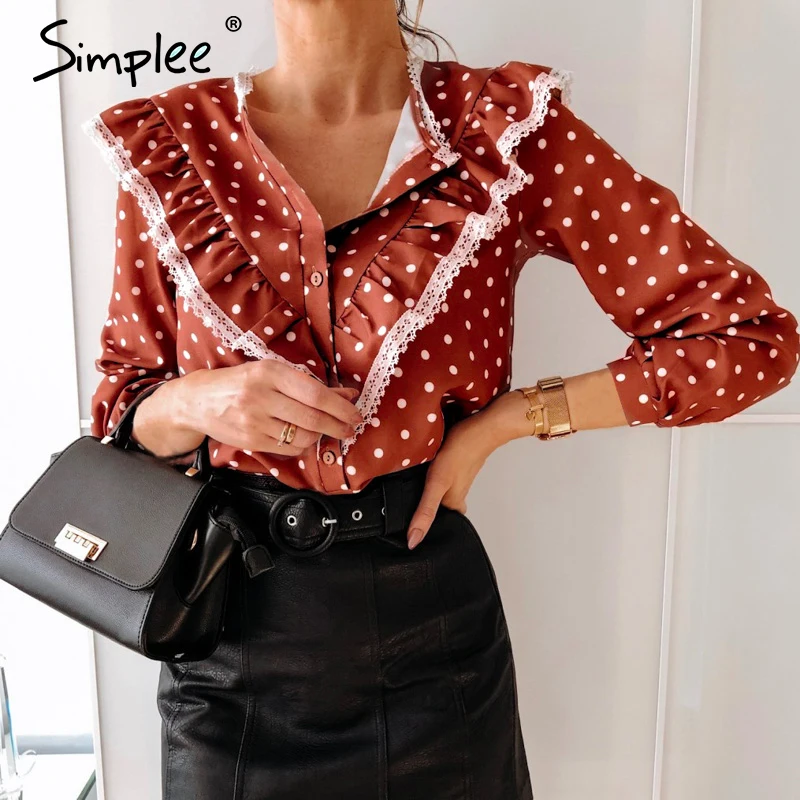 Simplee винтажная женская блузка в горошек рубашка весна лето длинный рукав