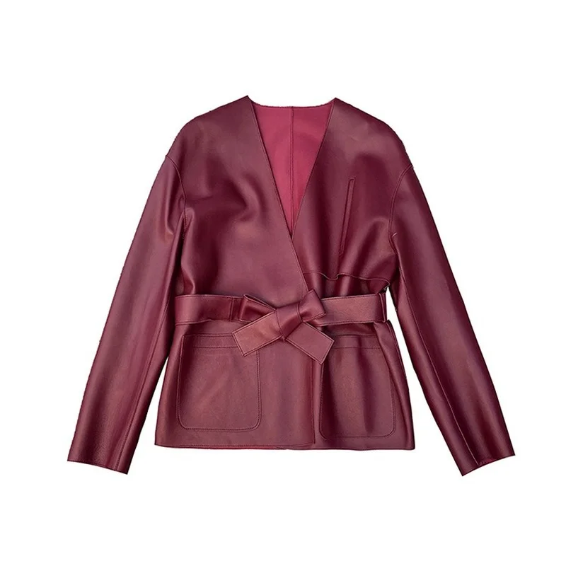 Autumn Spring Black Red Real Sheepskin Genuine Leather Suit Casual Jackets Womens Overcoat Korean Jacket Coats Suits Outerwear