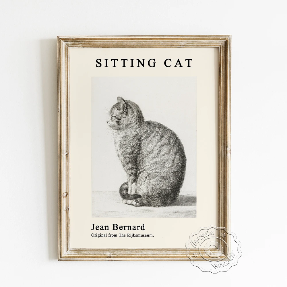 

Jean Michel Bernard Exhibition Museum Poster, Sitting Cat Black White Sketch Wall Stickers, Animal Portrait Home Decor Prints