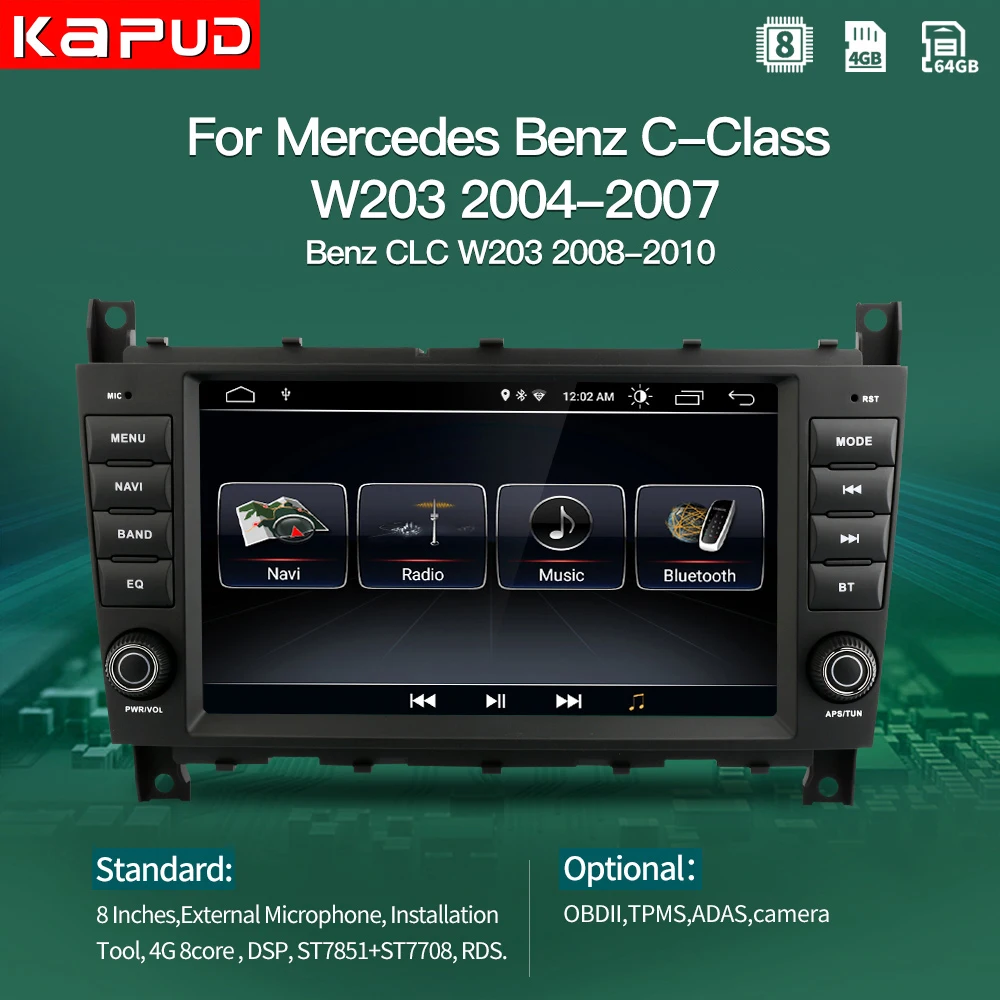Автомобильный мультимедийный плеер Kapud Android 10 Авторадио с GPS для Mercedes Benz C Class W203/CLC