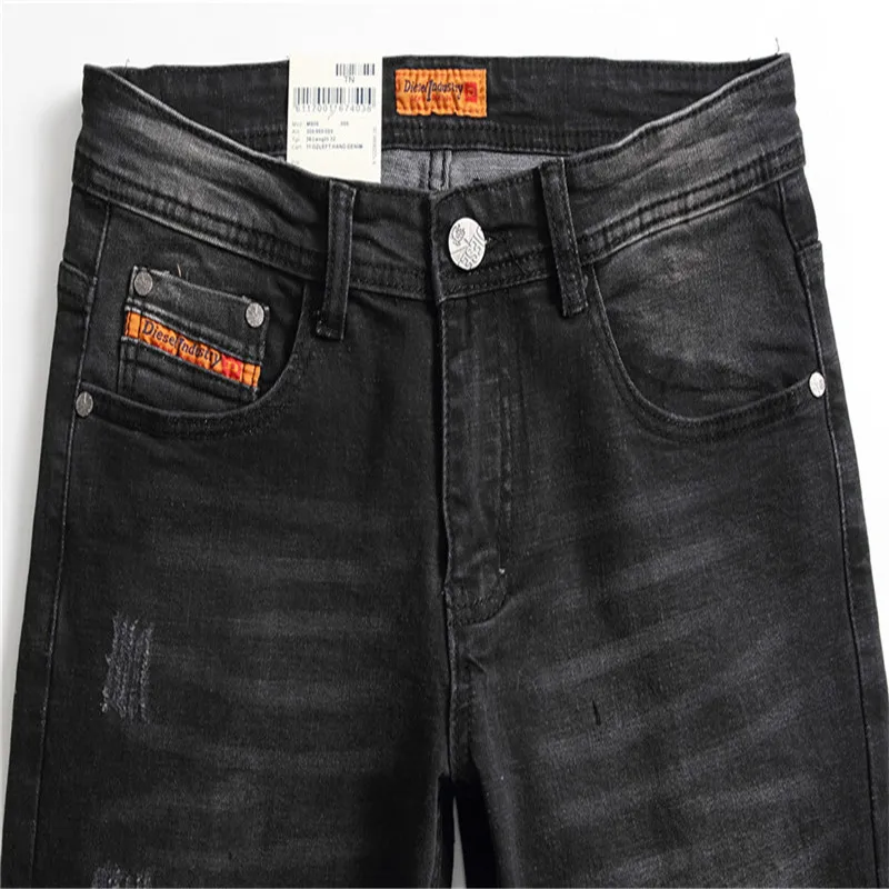 Men's Large Size Broken Hole Straight Tube Slim Casual Fashion Joker Micro-Elastic Trend Middle Waist Jeans Pants