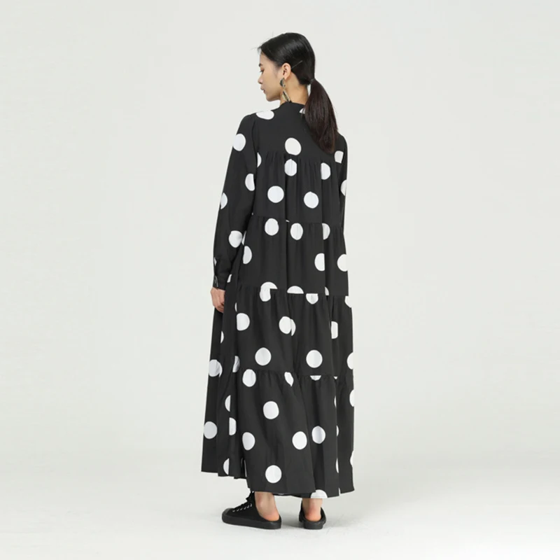 

CHICEVER Korean Dress For Women O Neck Long Sleeve Dot Patchwork Knee Length Dresses Female 2021 Fashion Summer Style Clothing
