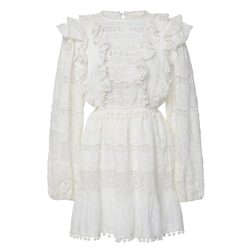 white TWOTWINSTYLE элегантные кружевные платья с рюшами для женщин фонарь с длинным рукавом Высокая талия А-силуэт мини платье Женская мода Богемный - Цвет: white