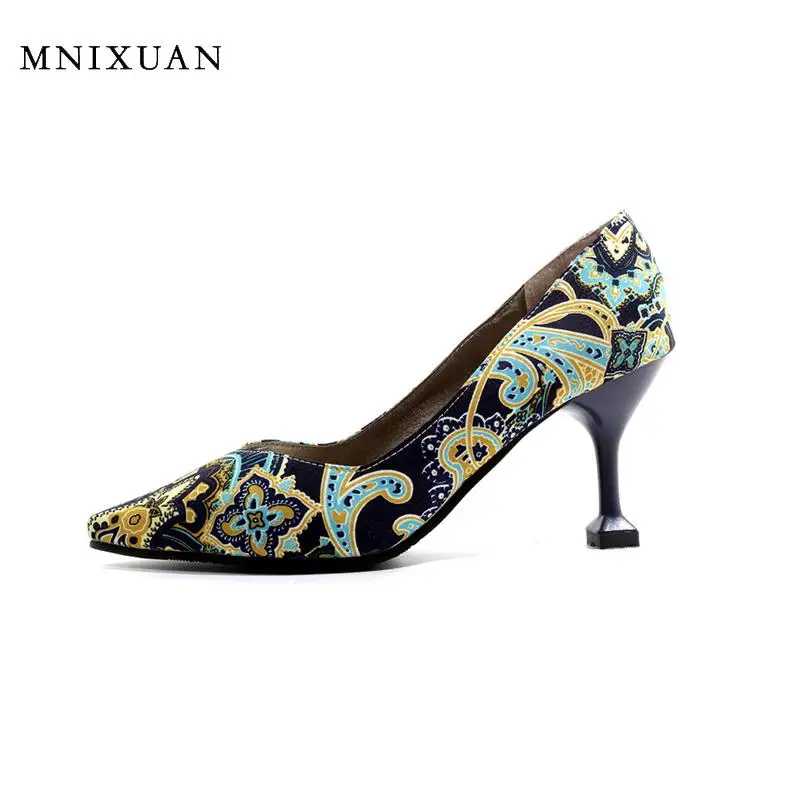 

MNIXUAN New aiirval women pumps high heels 2020 spring new chinese style printing thin heels blue party shoes big plus size 45