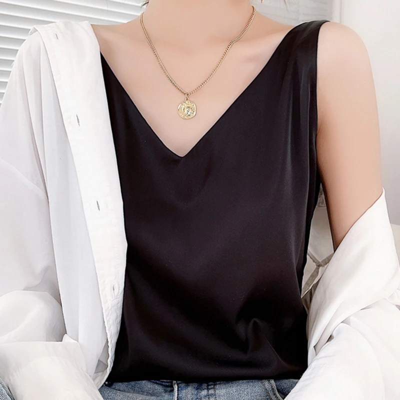 Майка женская шелковая на бретельках короткий Свободный жилет с V образным