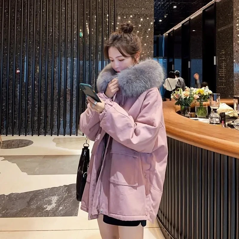 

Korean Fashion Parkas Warm Plus Velvet Jacket Women Winter Loose Plus Size Thickened Jacket Faux Fur Collar Casual Outerwear