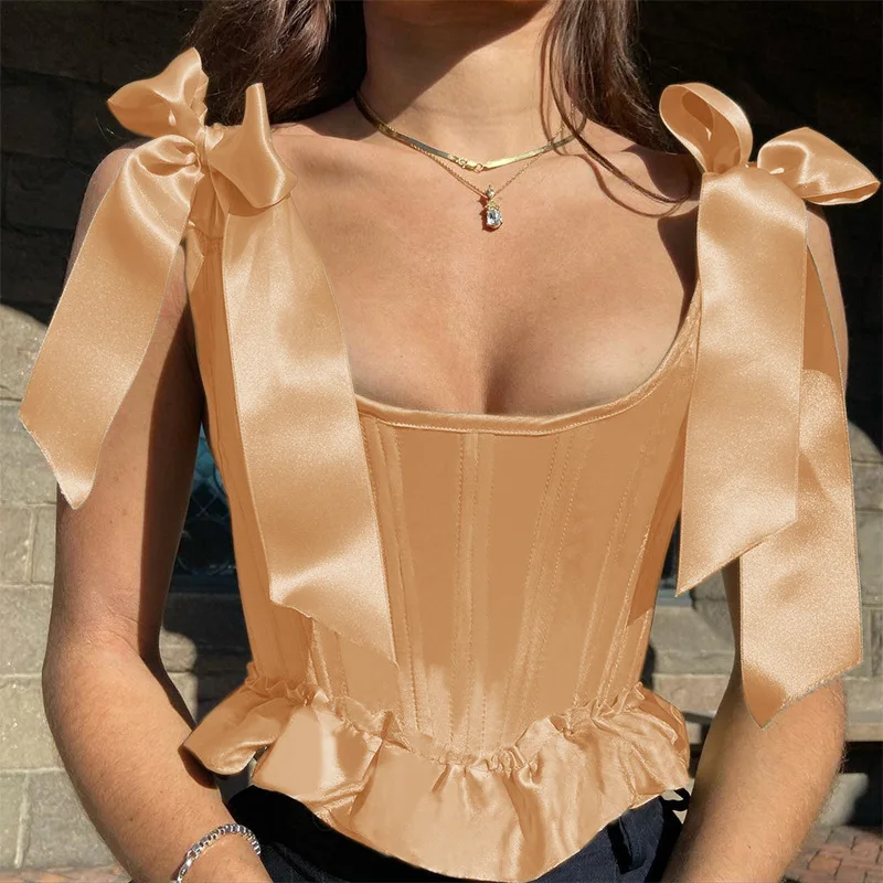 

Sexy Summer Cropped Bustier Camis Patchwork Sleeveless Backless Lace Ribbons Corset Tops Women Sweety Streetwears