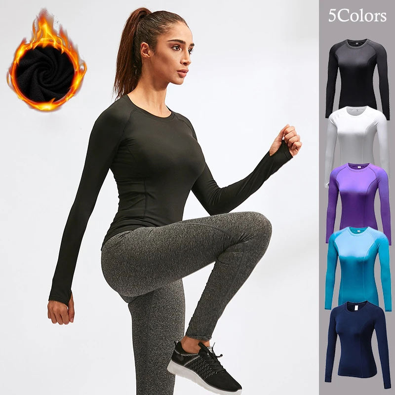 

New Running T-Shirts Women Thumb Hole Yoga Shirts Fleece Skinny Long Sleeve Sport Tops Workout Gym Sportswear Sweatshirts XXL