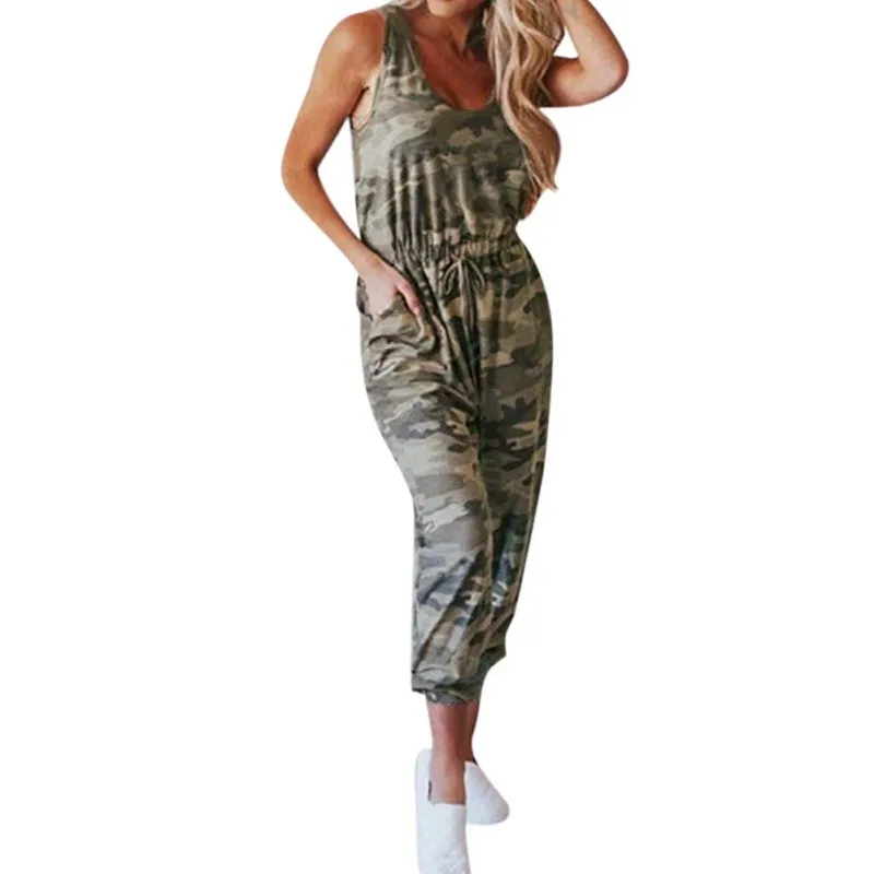 

Women's Jumpsuit Trendy Print Camouflage Jumpsuit O-Neck Sleeveless One Pieces Long Pants